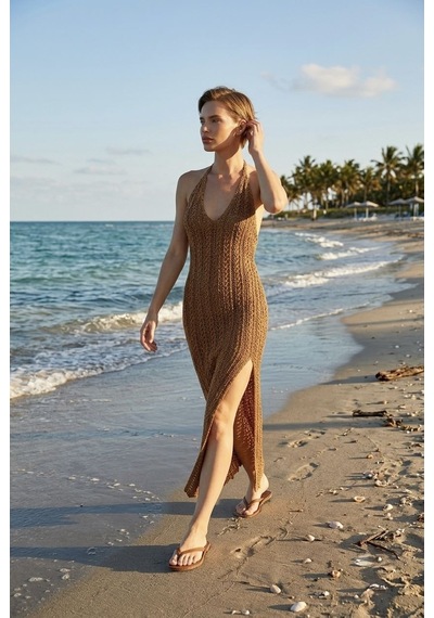 Neden Tekstil Beachwear Boyundan Bağlamalı Ajurlu Triko Plaj Elbisesi - Kahverengi