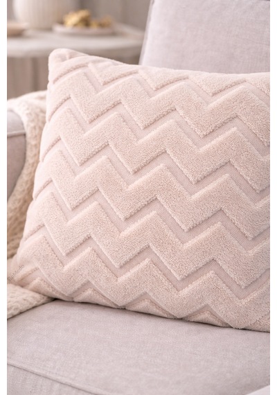 Peluş Dekoratif Kırlent Kılıfı İskandinav Zigzag-balıksırtı 4 Lü Set 42x42 Cm Vizon