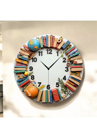 Kitap Öğretmen Renkli Baskı Desenli Sayılı Hediyelik Ahşap Sessiz Tablo Duvar Saati 146 Renkli