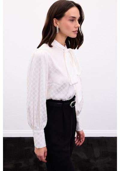 Sateen Puantiye Desenli Gömlek - Ekru-136903 ekru