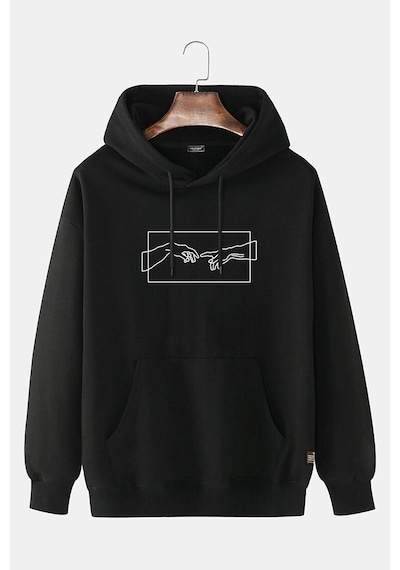 Unisex Siyah Black-white Önü El Baskılı Kapşonlu Sweatshirt Black-white