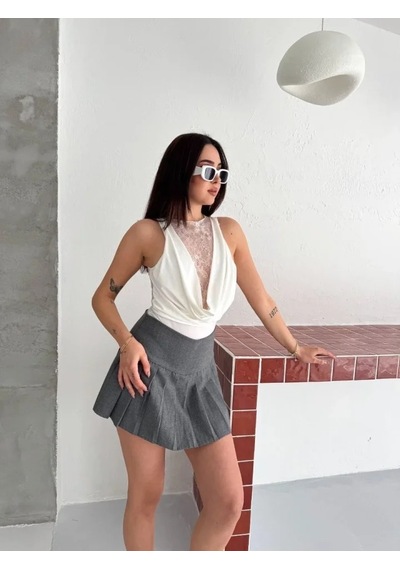 Meleners Dantel Detaylı Derin Dekolte Body Şık Kolsuz Yazlık Bodysuit - Beyaz