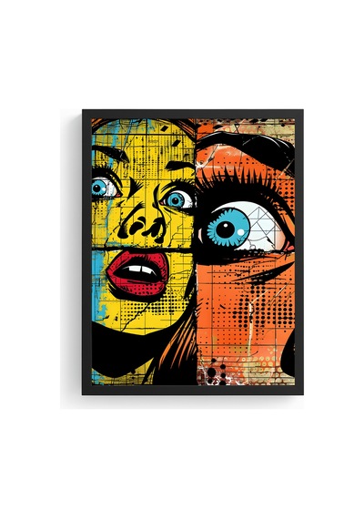 Doğal Ahşap Çerçeveli Soyut Pop Art Desenli Tablo - Sarı-mavi Huhu1787
