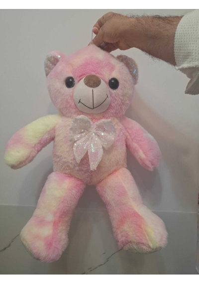 Batik Desenli Ve Payetli Nano Peluş Ayı - Pembe Sarı Renk Geçişli, Işıltılı Fiyonklu Yumuşak Oyuncak Açık Pembe