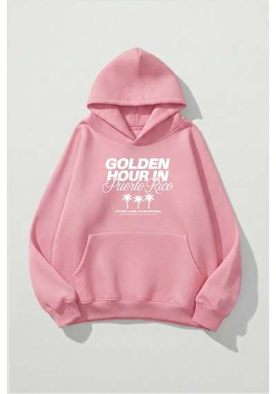 Uyguntarz Unisex Yumuşak Dokulu Golden Hour Baskılı Tasarım Oversize 3 İplik Hoodie Sweatshirt Pembe
