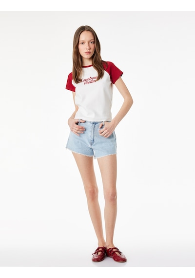 Koton Slim Fit Kısa Kollu Bisiklet Yaka Pamuklu Baskılı Tişört Ekru 6sal10607ık