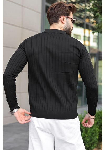 Madmext Siyah Polo Yaka Saç Örgü Desenli Erkek Triko Kazak E7519