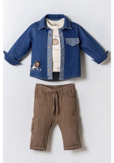 Miniğimin Cicileri Minigimin Cicileri Lion Nakışlı Denim Ceket 3'lü Erkek Bebek ... Mavi