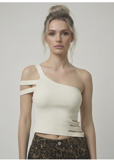 Neden Tekstil Asimetrik Tek Omuz Triko Crop Bluz - Ekru