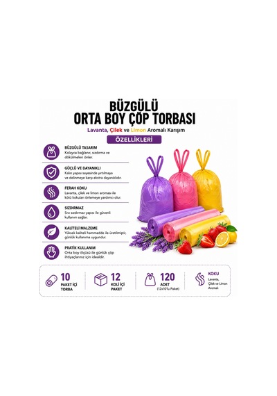 Polmix Büzgülü Çöp Torbası Orta Boy 12 Paket Toplam 120 Adet Çilek, Limon Ve Lavanta Kokulu 55x60 Cm Dayanıklı Ve Sızdırmaz