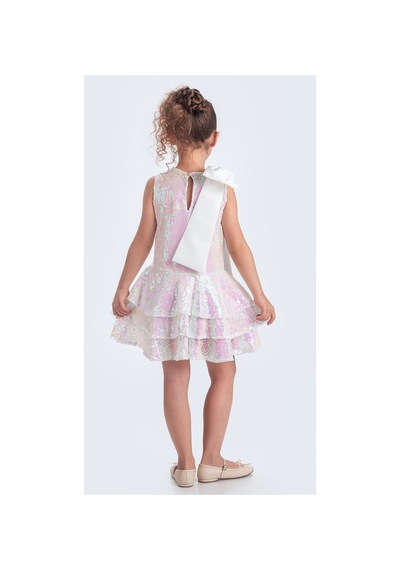 Mnk Baby & Kids Yaka Fiyonk Işıltılı Pul Payet Kumaş Kız Çocuk Abiye Elbise M00702 Ekru
