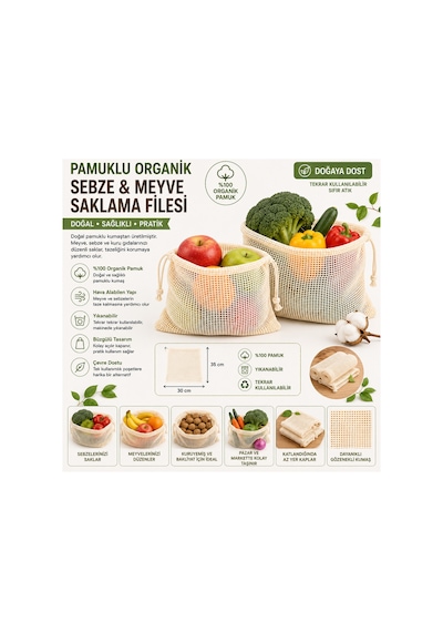 1 Adet Meyve Ve Sebze Filesi 30 X 35 Cm Büzgülü Yıkanabilir Saklama Kesesi Organik Pamuk Ekru