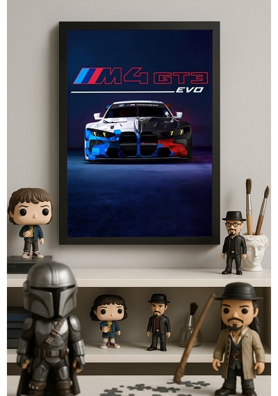 Bmw M4 Gt3 Evo Siyah Ahşap Çerçeveli Poster, Dekoratif Araba Duvar Tablosu