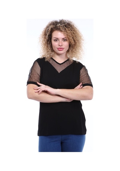 Kısa Kol Kadın Büyük Beden Siyah Bluz 1D-1786 Siyah