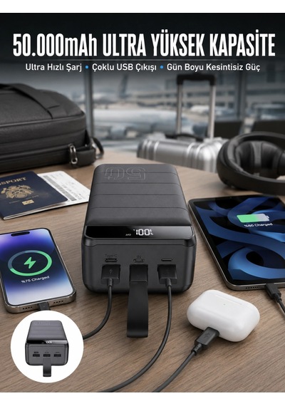 Powerbank Çoklu Şarj Girişi 50.000 Mah Taşınabilir Dijital Göstergeli Kopya Siyah