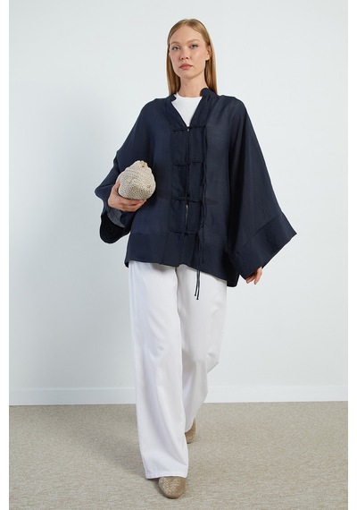 Fullamoda Geniş Kol Oversize Transparan Kimono Lacivert