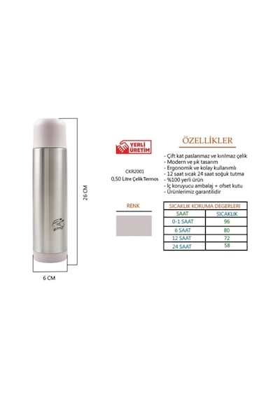 Cooker Çelik Matara Termos - Çelik Su Çay Termosu 500 Ml. Ckr2001 Pudra