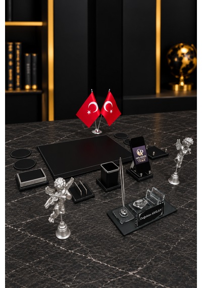 14 Parça Kristal Masa İsimlik Seti Kişiye Özel Melek Figürlü Lüks Ofis Sümen Takımı