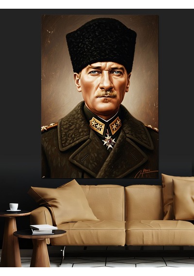 Askeri Kabanlı Mustafa Kemal Atatürk Dekoratif Kanvas - Mdf Ahşap Tablo