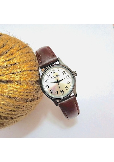 Retro Kadın Kol Saati, Vintage Tasarım, Klasik Tasarım, Siyah Kasa, Minimal Tasarım, Kayışlı Koyu Kahverengi Altın