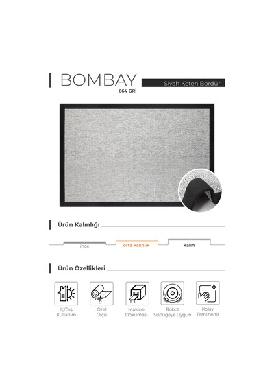 Bombay 664 Gri Hav Toz Vermez Kolay Temizlenen Hasır Doku Sisal Halı Gri