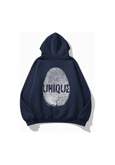 Uyguntarz Unisex Yumuşak Dokulu Unique Fingerprint Baskılı Tasarım Oversize 3 İplik Hoodie Sweatshirt Indigo