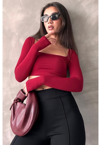 Seeh Bordo Kare Yaka Parmak Detaylı Kadın Body Sh211