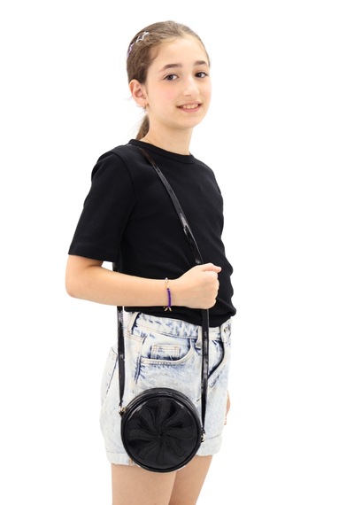 İcone Bag Yuvarlak Kız Çocuk Çantası Simli Suni Kız Çocuk Çantası Siyah