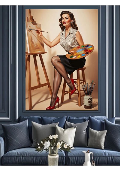 Ahşap Tablo Şövalede Resim Yapan Retro Ressam Kadın