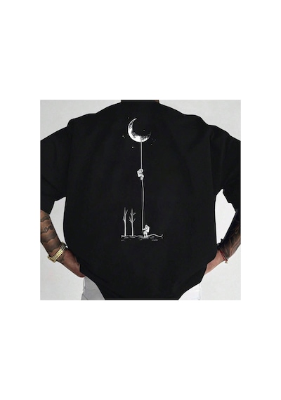 Caddemia Yaz  Moda Rahat Spor Bol Kesim Astronot İniş Ay Baskı Yuvarlak Boyun Kı Siyah 2XL