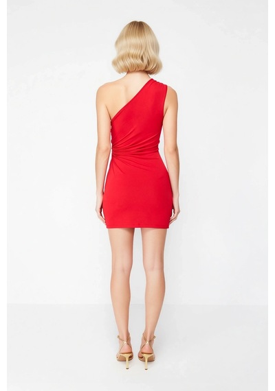 Benerly Kadın Asimetrik Yaka Tek Omuz Bodycon Mini Abiye Elbisesi Bel Det Kırmızı