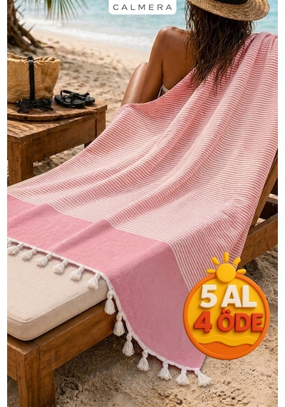 Calmera Çizgili Peştemal Pamuk - Doğal Saçaklı Plaj, Deniz, Havuz, Spa, Sauna, Spor, Seyahat Havlu - Pembe