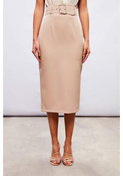 Sateen Kemerli Kalem Etek - Bej-132463 Bej