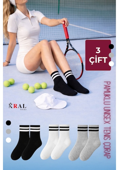 Kral Socks Erkek Kadın 3 Çift Çizgili Kolej Tenis Çorabı Pamuklu Terletmez Çorap Asorti
