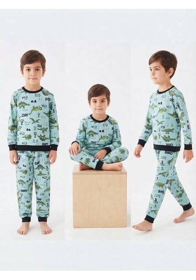 Veraura Lifestyle 4/10 Yaş Dino Baskılı Pamuk Penye Çocuk Pijama Takımı Yeşil