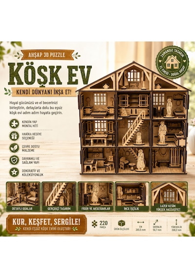 Köşk Ev Ahşap Maket Seti Dıy 3d Puzzle Çok Odalı Bebek Evi Koleksiyoner Modeli 220 Parça