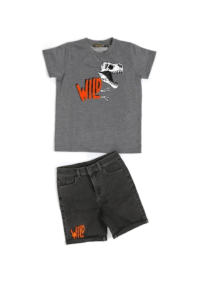 Casabony Wild Dino Gri Denim Şort - T-shirt Takım - Antrasit