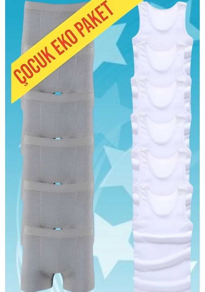 Uniquetrenders Erkek Çocuk İkili Set Pamuklu Penye 6 Atlet 6 Boxer Beyaz - Gri