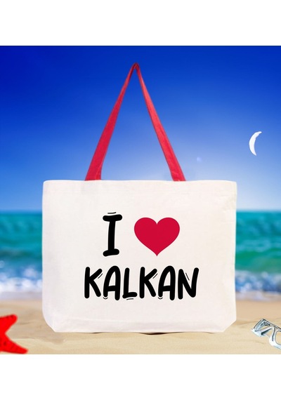 Bk Gift I Love Kalkan Kırmızı Renkli Kulp Kanvas Plaj Çantası 48x40m, Baskılı Omuz Çantası, Alışveriş Çantası