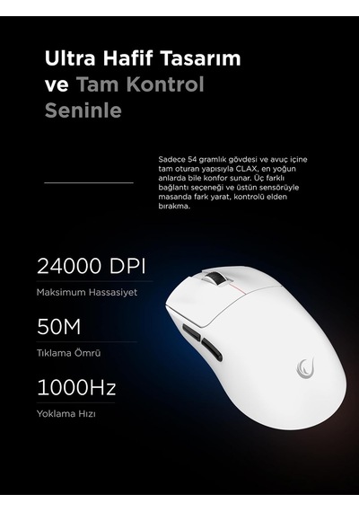 Clax 60 Gram Kablosuz Ultra Hafif Şarjlı 3311 Sensor 24000 Dpı 3311 Sensor Gaming Oyuncu Mouse Beyaz