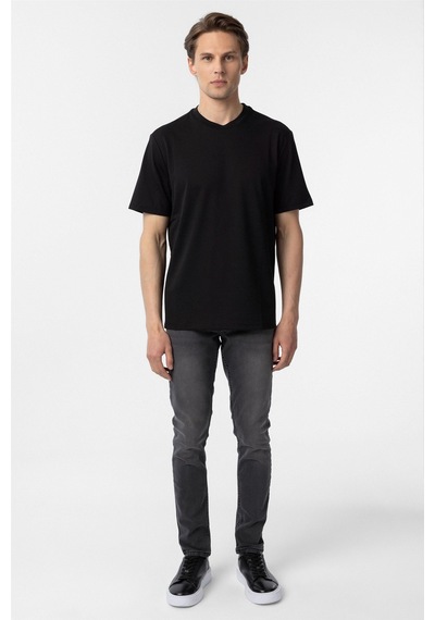 Süvari Siyah Slim Fit Armürlü Bisiklet Yaka Tişört-37357 Siyah