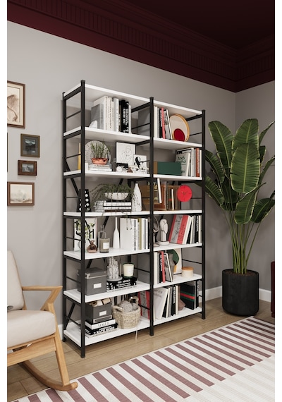 Asra Trend 6 Raflı Metal Kitaplık METALK02 %100 MDF İki Modüllü Geniş Kütüphane Beyaz