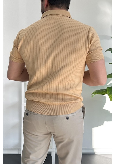 Erkek Açık Yaka Çizgili Desenli Tişört Sarı Edw258 Sarı
