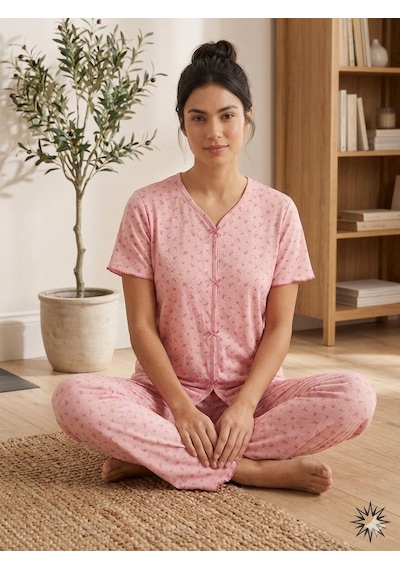 Sleeproom Yazlık Pembe Çiçek Desenli Kısa Kol Penye %100 Pamuk Pijama Takım Pembe Fuşya Çıtır Çiçek
