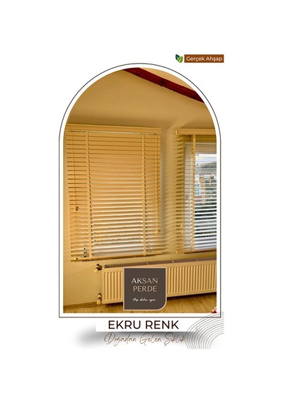 %100 Gerçek Ahşap Jaluzi Perde Kurdeleli Zincirli Redüktörlü Ekru Renk 50 Mm