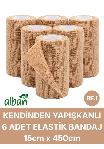 15cm 6'lı Set Kendinden Yapışkanlı Elastik Bandaj, Kohesiv Bandaj 5cm X 4.5m Spor, Bilek, Ayak Bileği, Veteriner Bandajı Bej