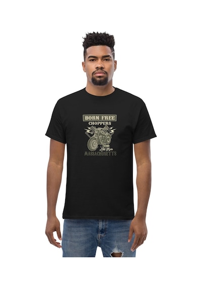Wildstyle Born Free Choppers Motosiklet Vintage Chopper Baskılı Unisex Bisiklet Yaka Pamuklu Tişört - Siyah