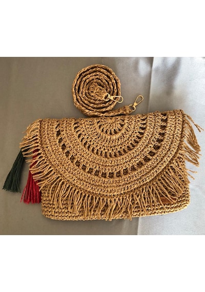 Kağıt İp Clutch Çanta Bej - Açık Kahverengi