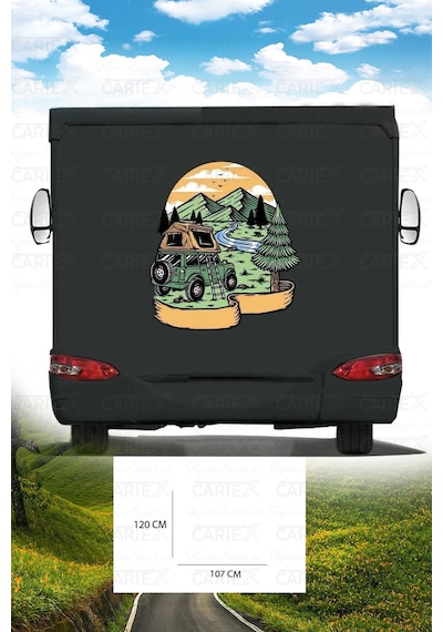 Karavan Kamp Baskı Sticker - Ağaç Sticker - Dağ Sticker - 107x120 Cm
