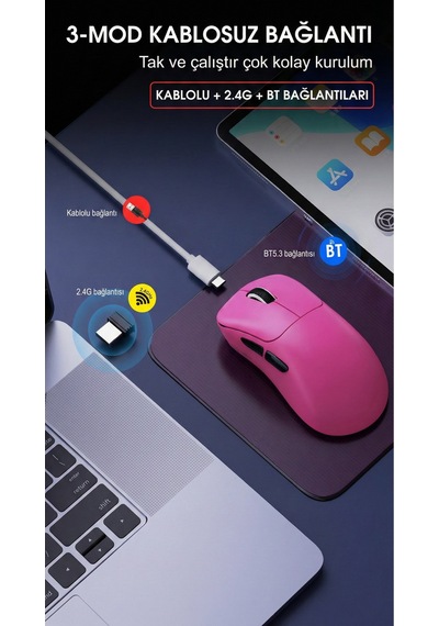 T700 Makrolu Kablosuz Oyuncu Mouse- 3 Modlu Kullanım-500 Mah Batarya Diğer
